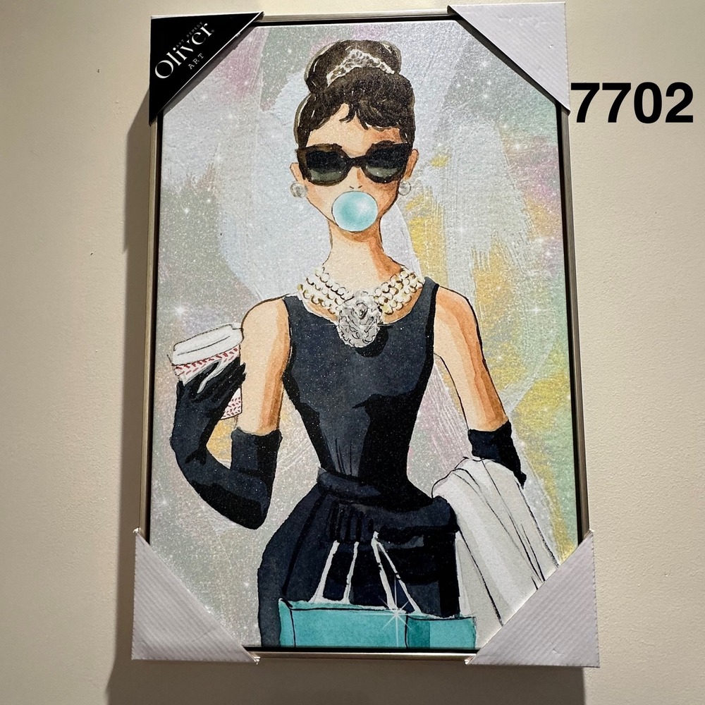 Oliver Art Audrey Hepburn Framed Canvas Wall Art Glitter Bubblegum 16x24 New